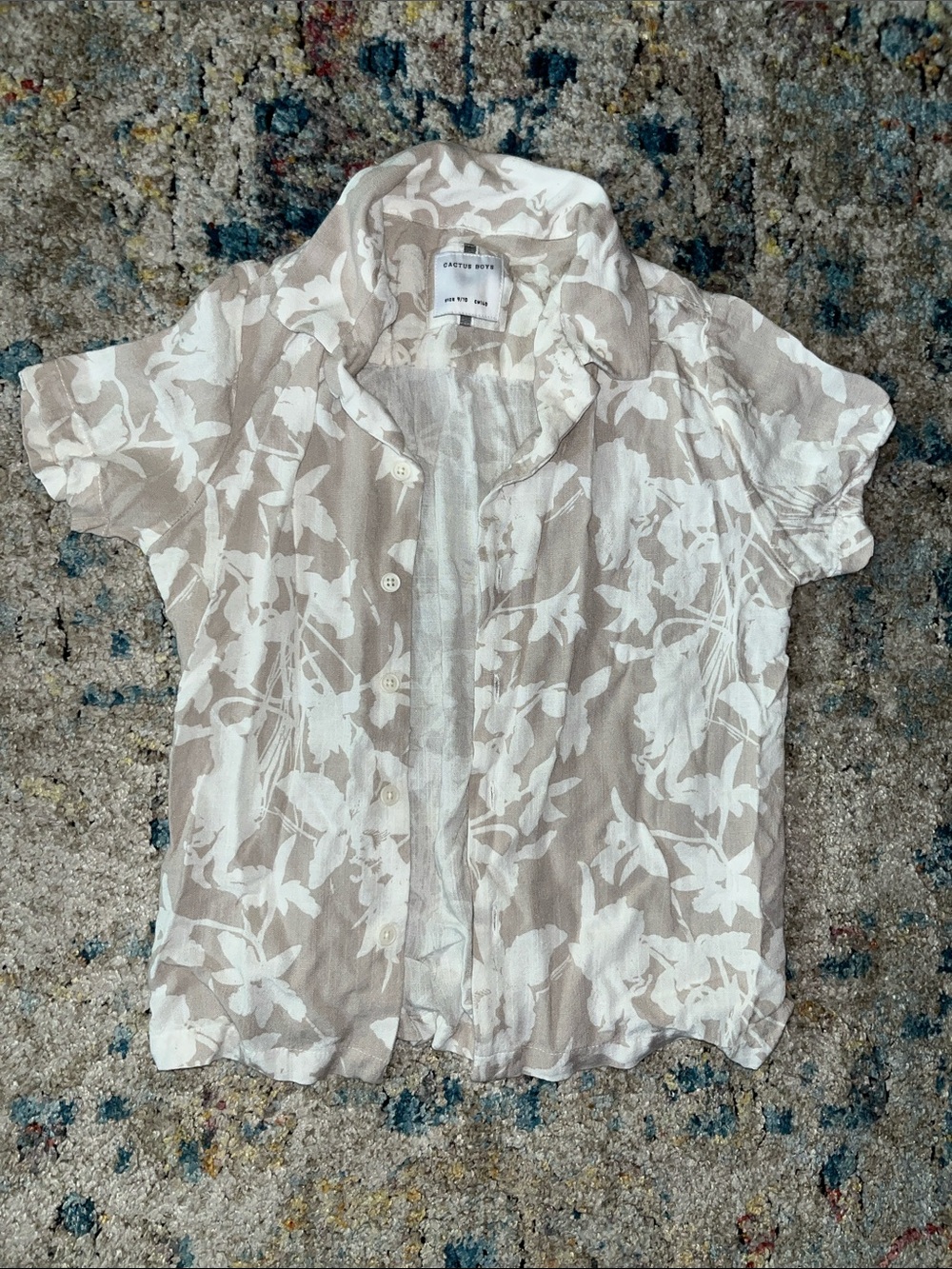Cactus Beige and White Floral Short-Sleeve Button-Down Shirt